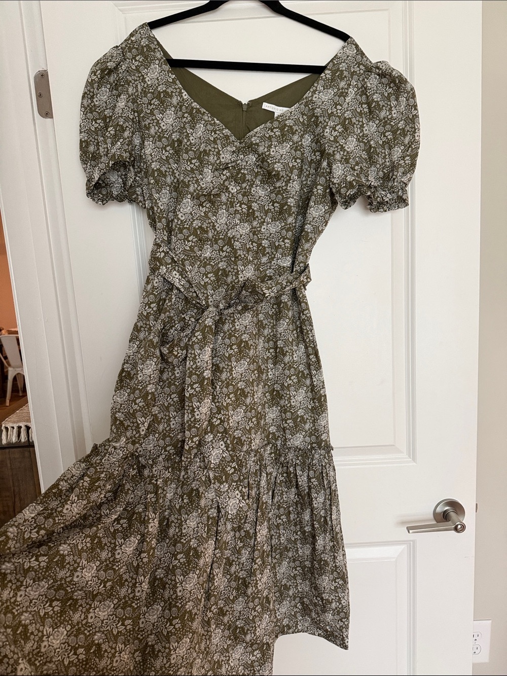 ANTONIO MELANI Olive Green Floral Puff-Sleeve Midi Dress